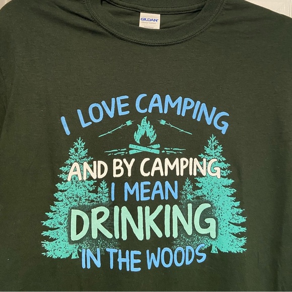 NWOT Green Size L Graphic Print Tee Shirt Love Camping Drinking Woods Funny - Picture 2 of 11